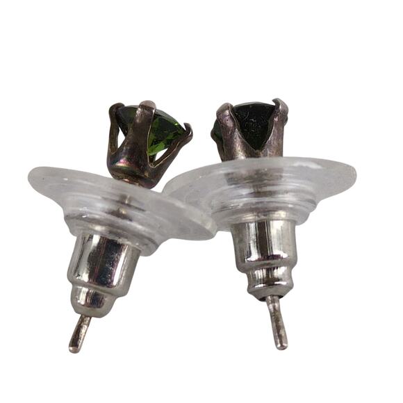 Vtg Stamped 925P Sterling Silver Dark Green Zircon Stud Earrings Estate Jewelry - Picture 4 of 5